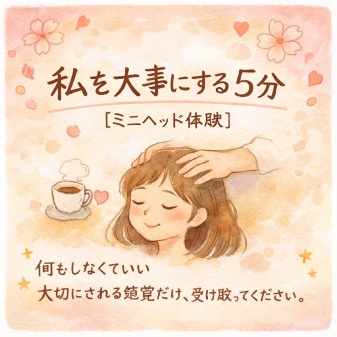 私を大事にする5分【ミニヘッド体験】何もしなくていい 大切にされる感覚だけ、受け取ってください｜ねこのしっぽ~湘南・癒やしのリラクゼーション~