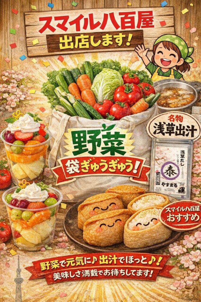 みんなを笑顔にしちゃう八百屋さん。 サービスの女神が大サービスしちゃいます。 笑顔をつくる野菜と、心を満たす出汁。｜スマイル八百屋