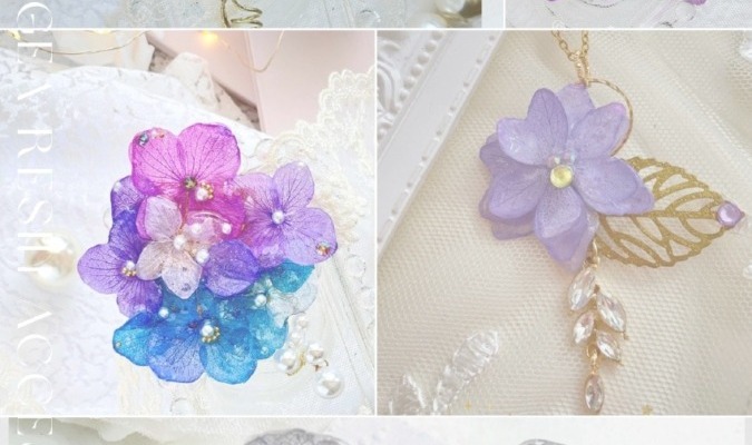 本物の紫陽花で作ったアクセサリー＆コンパクトな光る仏花
