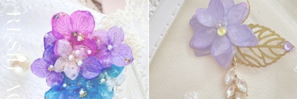 本物の紫陽花で作ったアクセサリー＆コンパクトな光る仏花